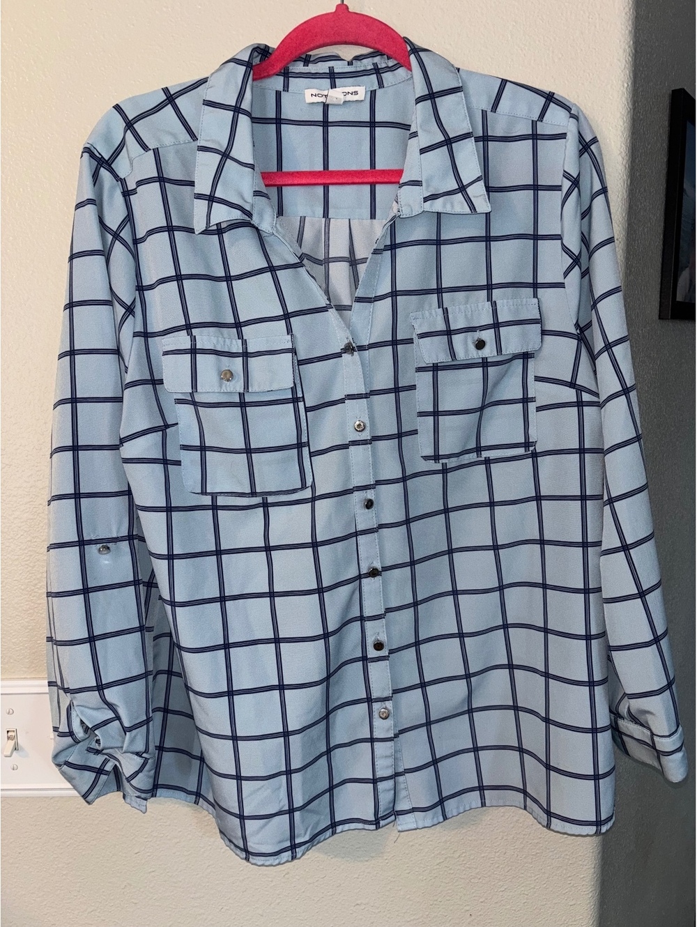 Notations Light Blue Grid Print Button Down Shirt Size XL